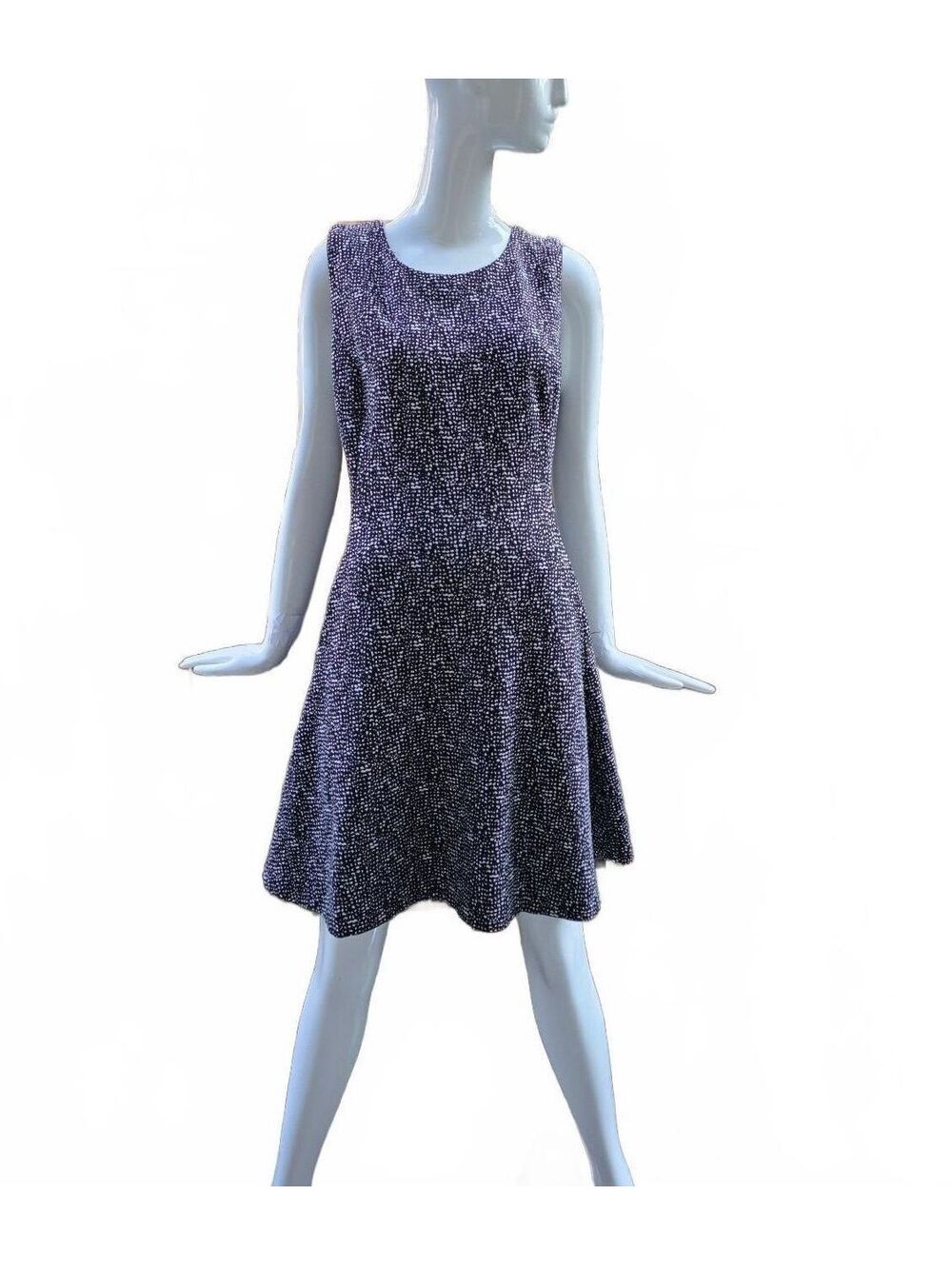 DKNY Black White Jacquard Knit Fit Flare A-Line Dress Size 14 Stretch Sleeveless - Picture 2 of 12